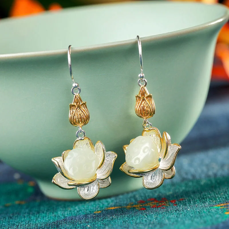 White Jade Lotus Harmony Protection Drop Earrings