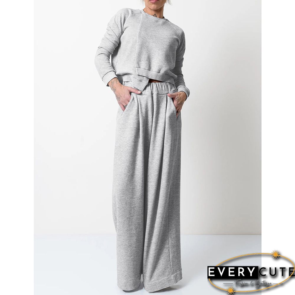 Light Gray Irregular Sweatshirt with Wide Leg Casual Pant Set