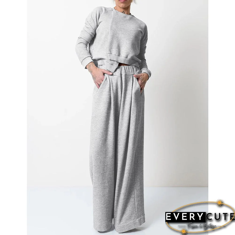 Light Gray Irregular Sweatshirt with Wide Leg Casual Pant Set