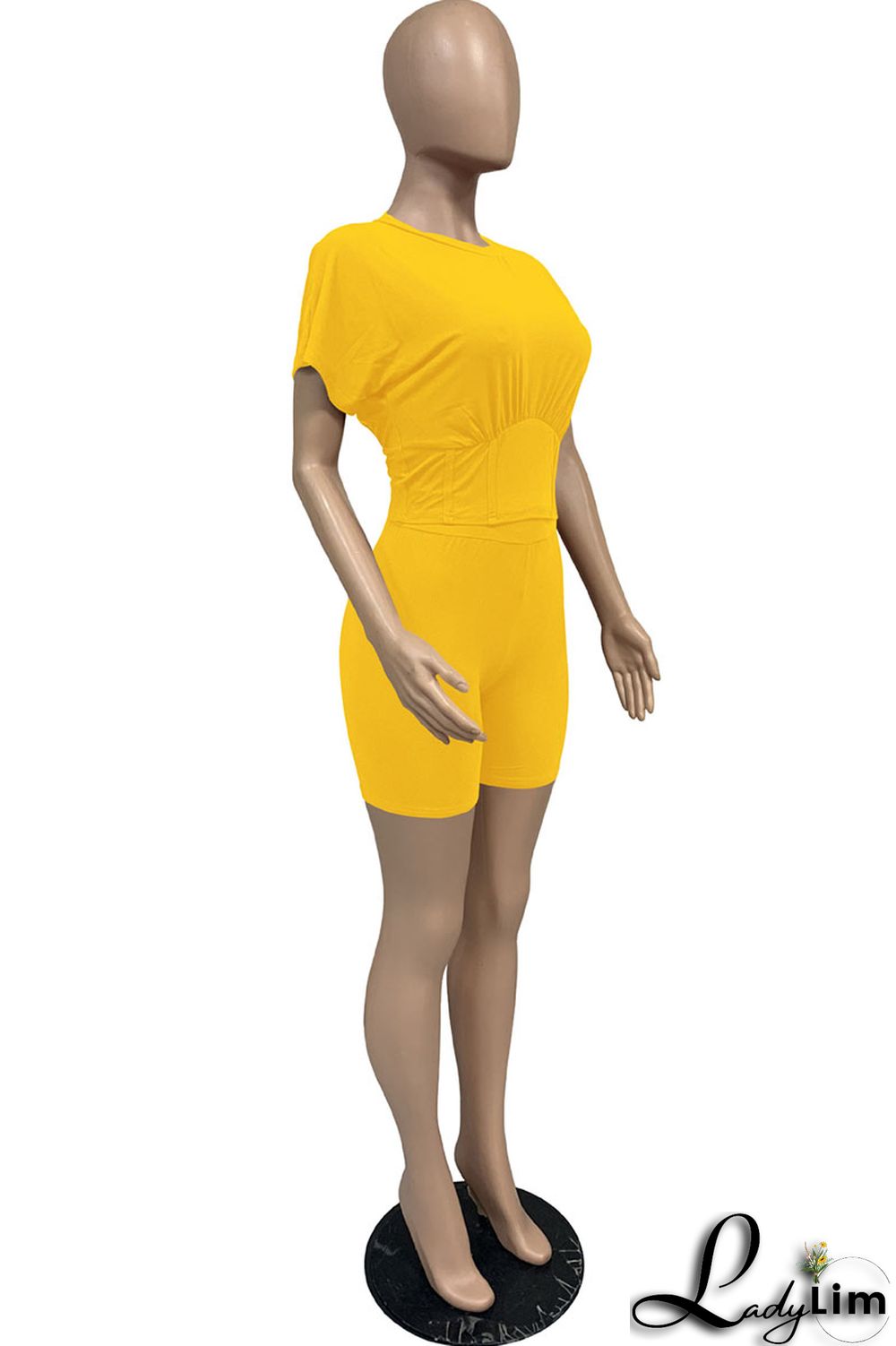 Yellow Casual Solid Split Joint O Neck Short Sleeve Two Pieces