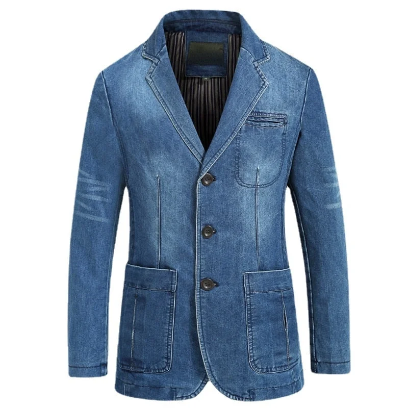 Inongge Blazers Jacket Men Casual Denim Slim Pocket Splicing Coat Men's Long Sleeve Single-Breasted Turn-down Collar Blazers Jacket