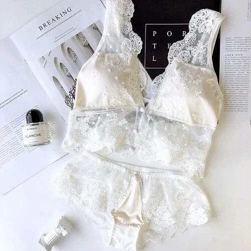 Wriufred Women Triangle Cup Brassiere Sexy Lace Gauze Bralette Embroidery Underwear Bra Set Plus Size lingerie Panties Sets
