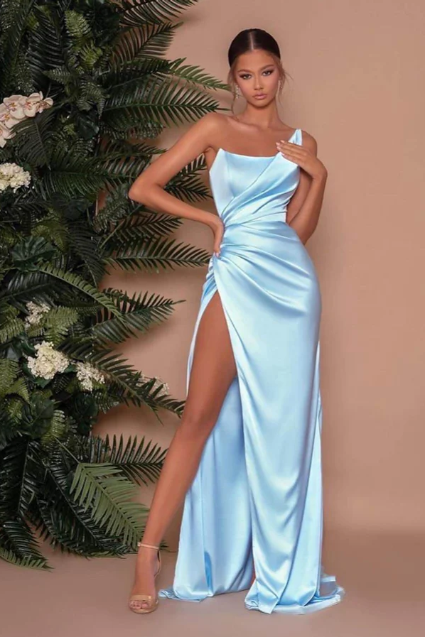 Unique Baby Blue Long Slit Mermaid Evening Dress With Sleeveless One-Shoulder | Ballbellas Ballbellas