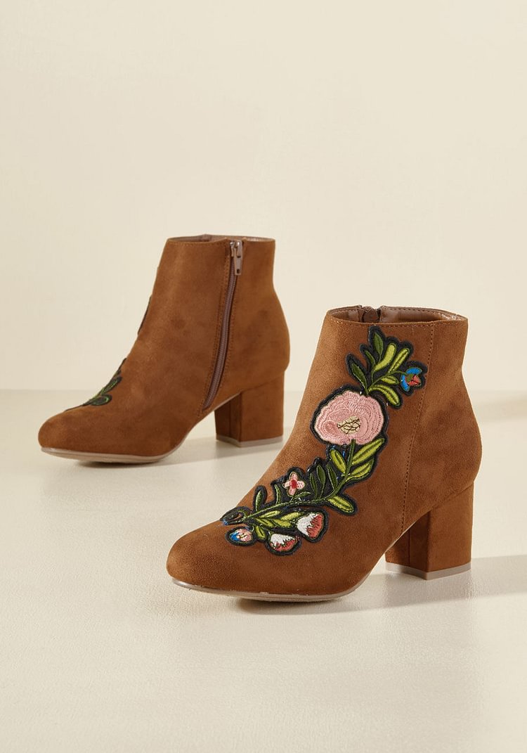 Tan Boots Suede Flower Block Heel Short Vintage Ankle Boots |FSJ Shoes