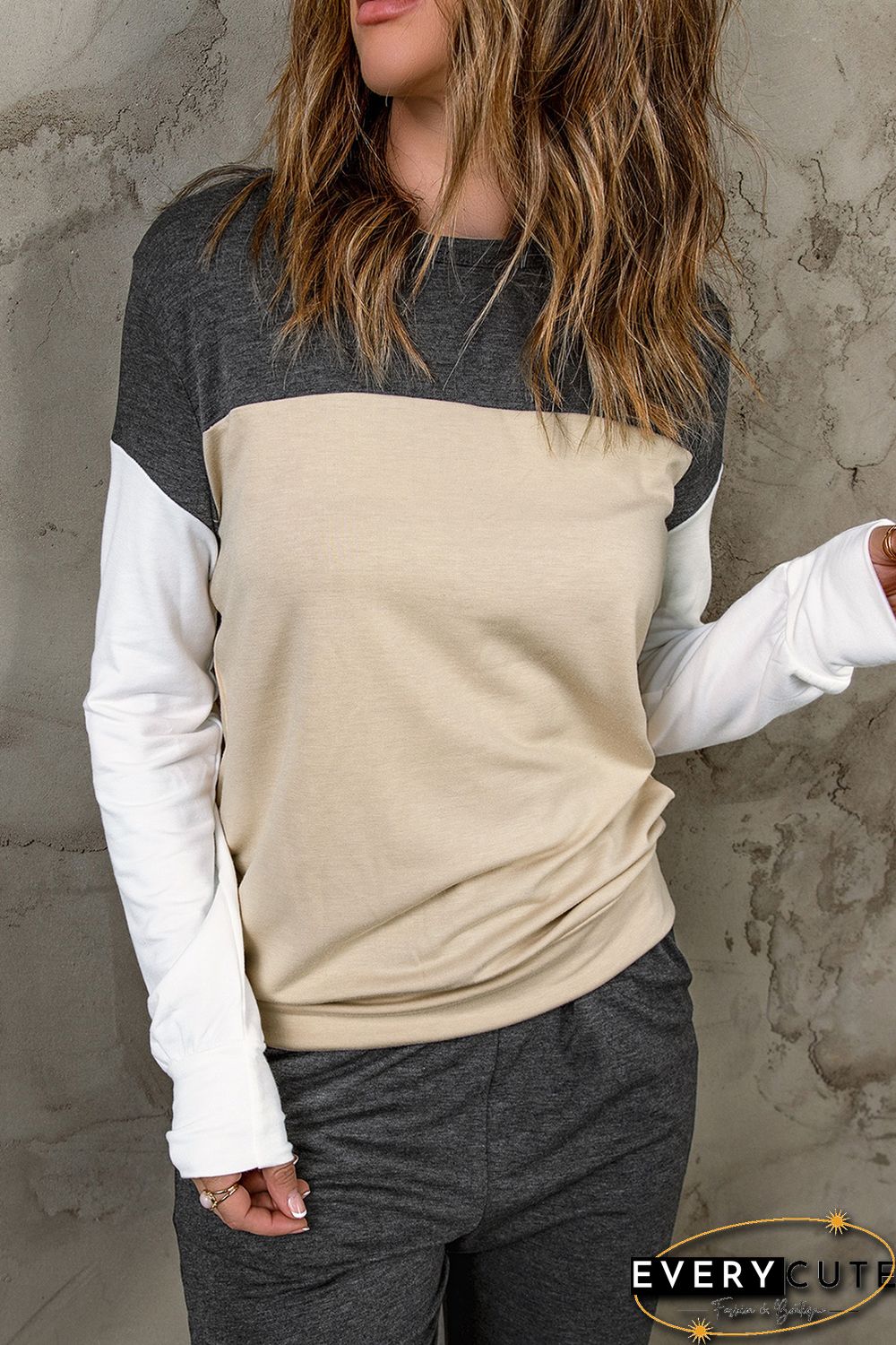 Khaki Color Block Pullover 2pcs Loungewear Set