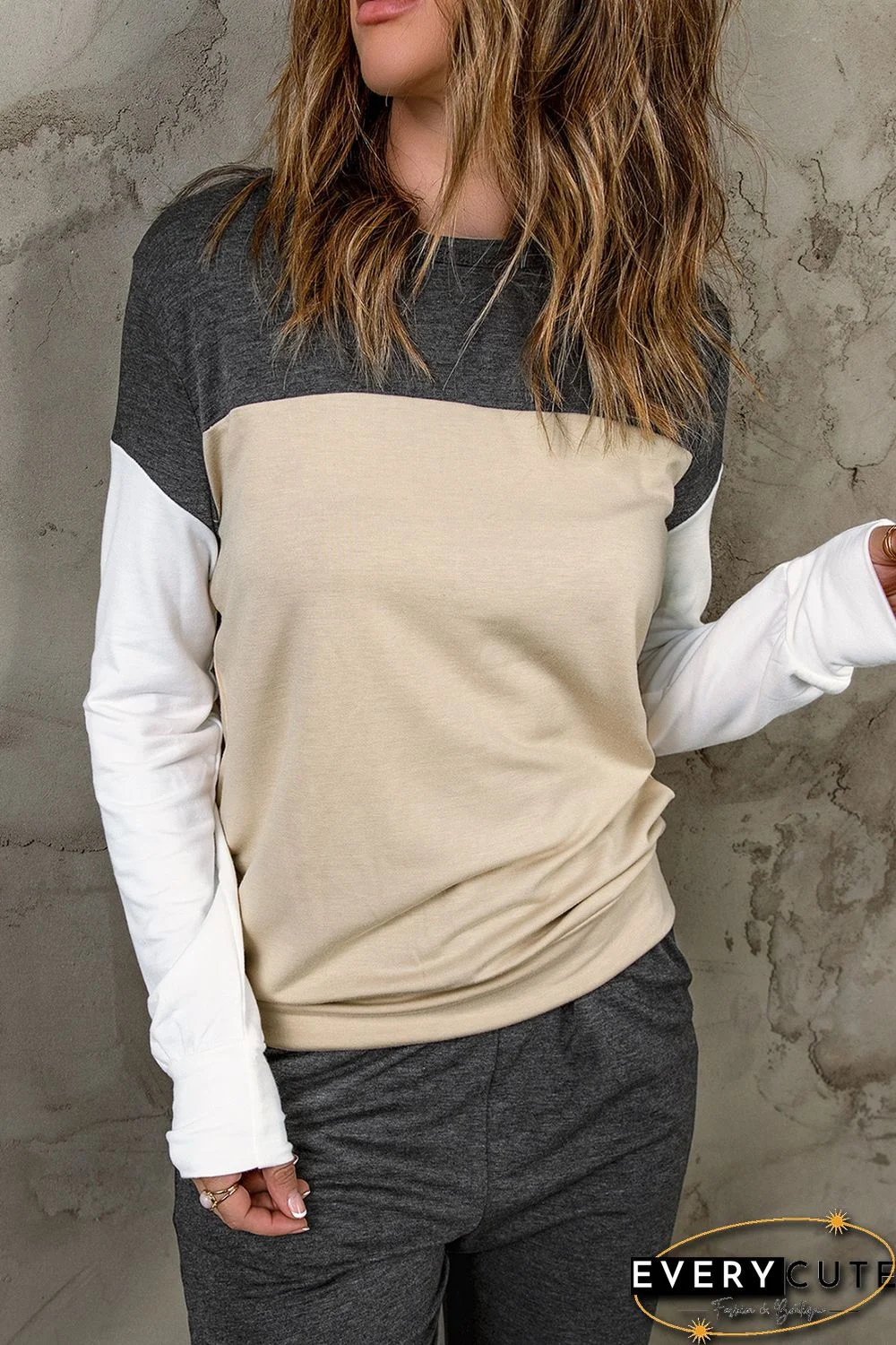 Khaki Color Block Pullover 2pcs Loungewear Set