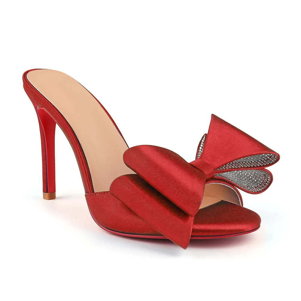 100mm/3.94 Inch Women's High Heel Mules Rhinestone Bowknot Backless Stiletto Heel Slippers Sexy Summer Heeled Red Bottom Sandals-vocosishoes