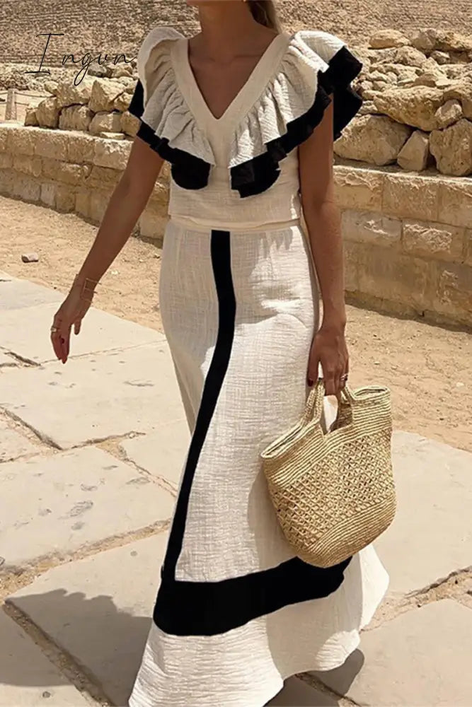 Elegant Solid Patchwork Flounce Fold V Neck Sleeveless Two Pieces Apricot / S Pieces/Two-Piece Dress