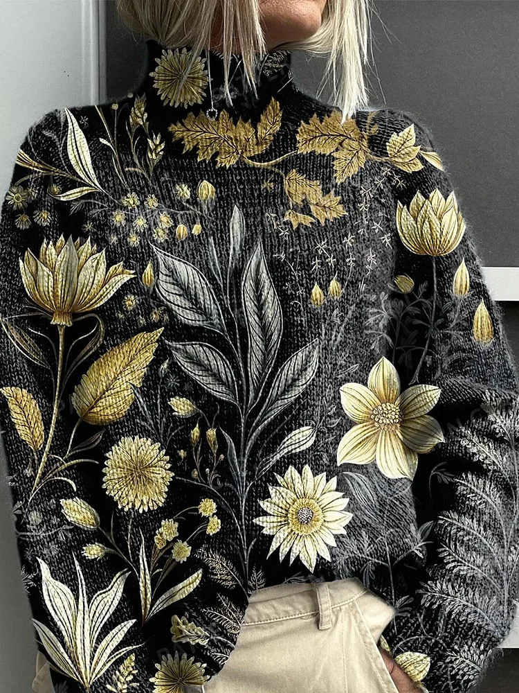 Women's Vintage Lovely Floral Ar Print Knit Turtleneck Pullover Sweater