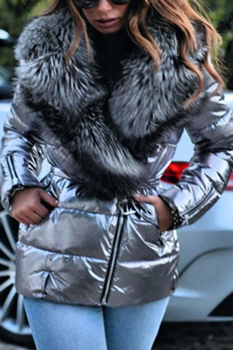 Plus Size Daily Coat Grey Shiny Zipper Pocket Large Faux Fur Collar Winter Coat With Belt