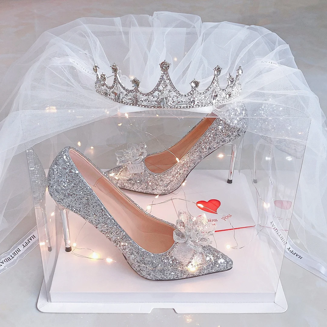 Vstacam 2023 Newest Cinderella Shoes Rhinestone High Heels Women Pumps Pointed Toe Crystal Heels For Women Heels Women Shoes High Heels