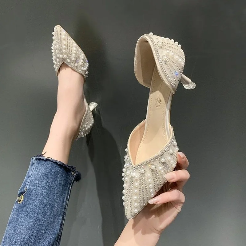 Vstacam 2023 New Female Shoes Spring Autumn Fashion High Heels Rhinestone Pearls Asakuchi Thin Heels Women Shoes Zapatos Mujer