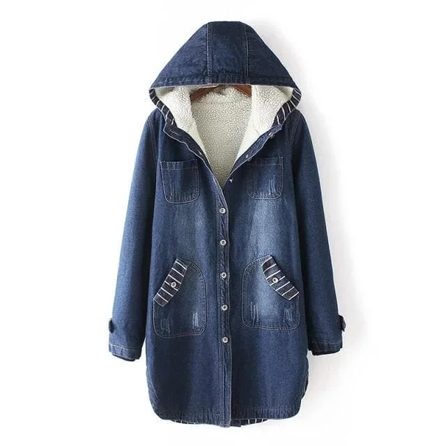Blue Winter Fleece Midi Denim Hoodie Coat SP1710939