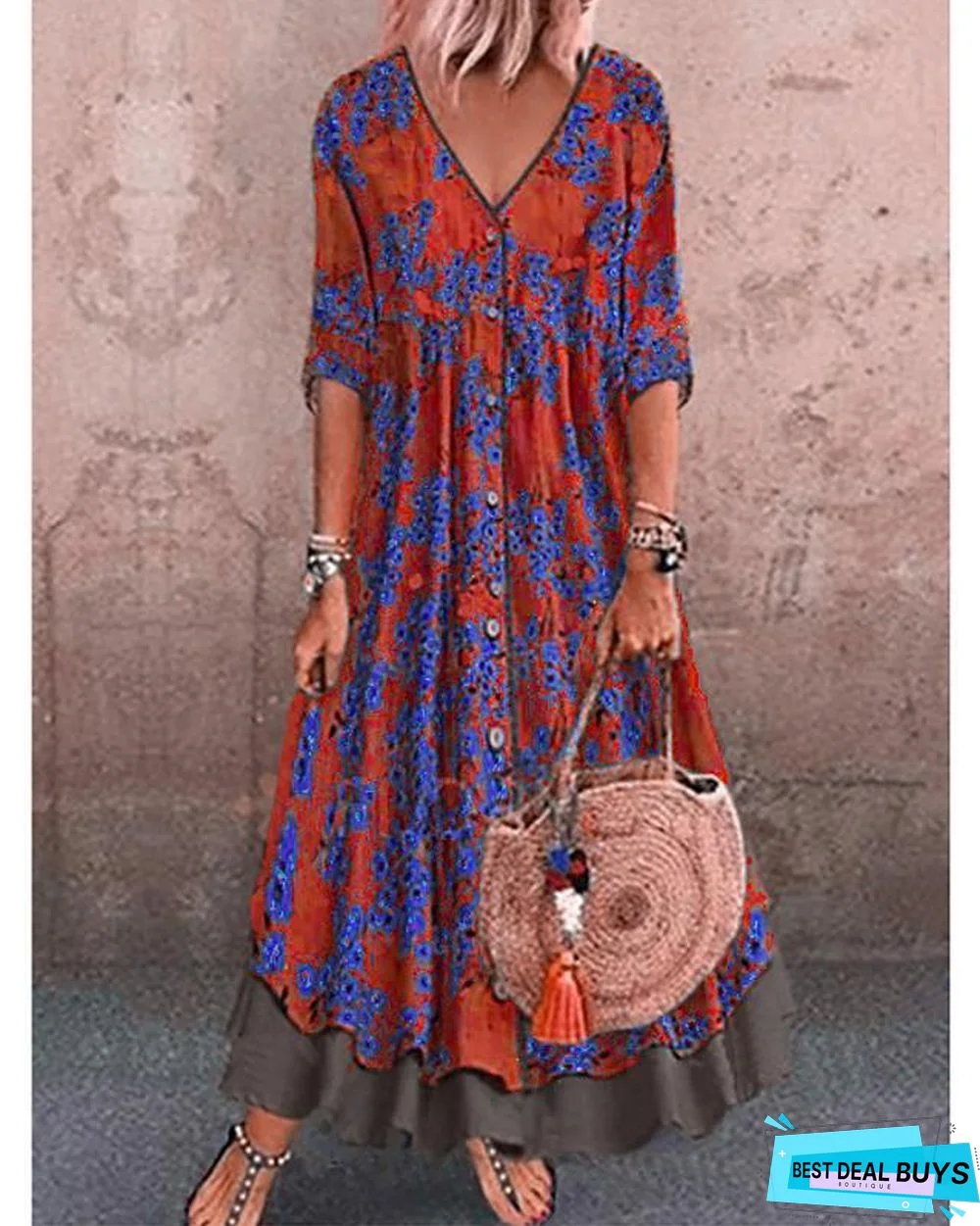 Women's A-Line Dress Maxi Long Dress - Half Sleeve Floral Layered Button Print Spring & Summer Deep V Hot Casual Holiday Vacation Dresses Loose Red Green Gray