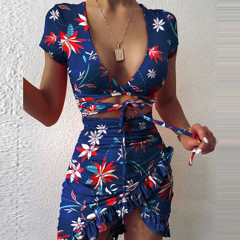 Hollow Out Mini Dress 2021 Sexy V-neck Bodycon Ruffle Slim Tie Up Wrap Dresses Women Skinny Clubwear Short Sleeve Clothing