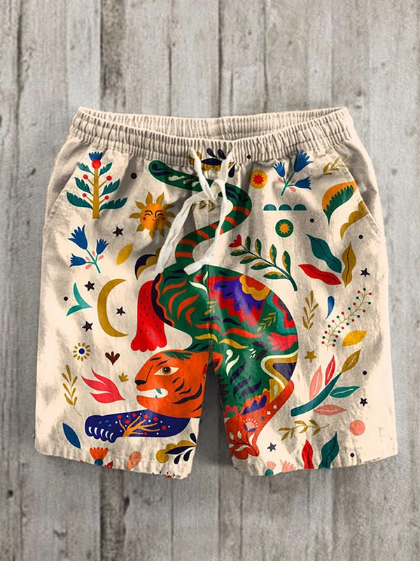 Men's Boho Tiger Vacation Floral Art Print Cotton And Linen Shorts