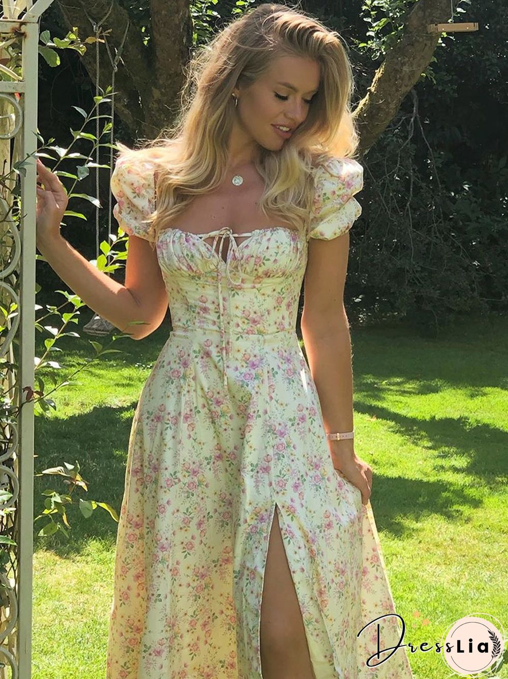 NewAsia Vintage Floral Dress Women Summer Square Collar Puff Sleeve Long Dress Sexy Off Shoulder Side Split A-line Dress