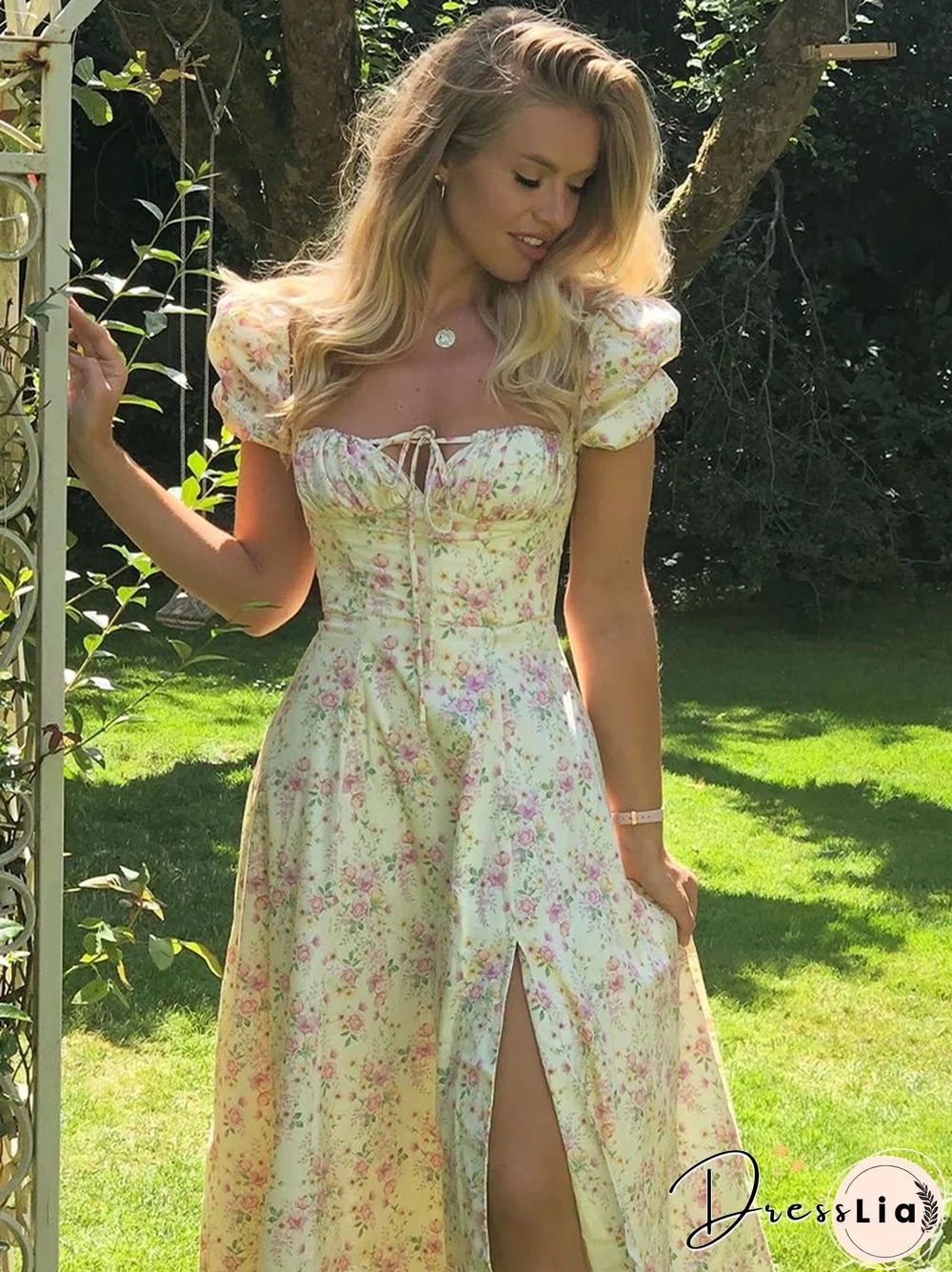 NewAsia Vintage Floral Dress Women Summer Square Collar Puff Sleeve Long Dress Sexy Off Shoulder Side Split A-line Dress