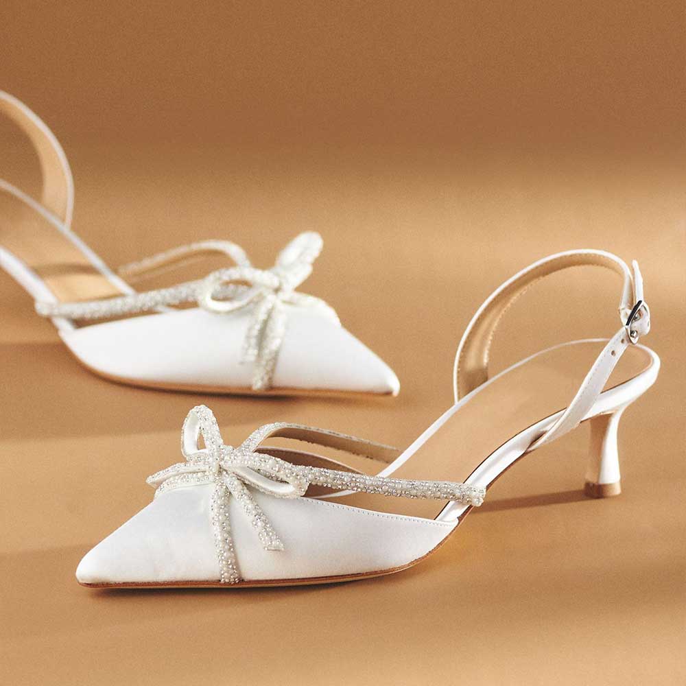 Women's Beaded Pearl Bow Kitten Heel White Slingback Pumps Nicepairs