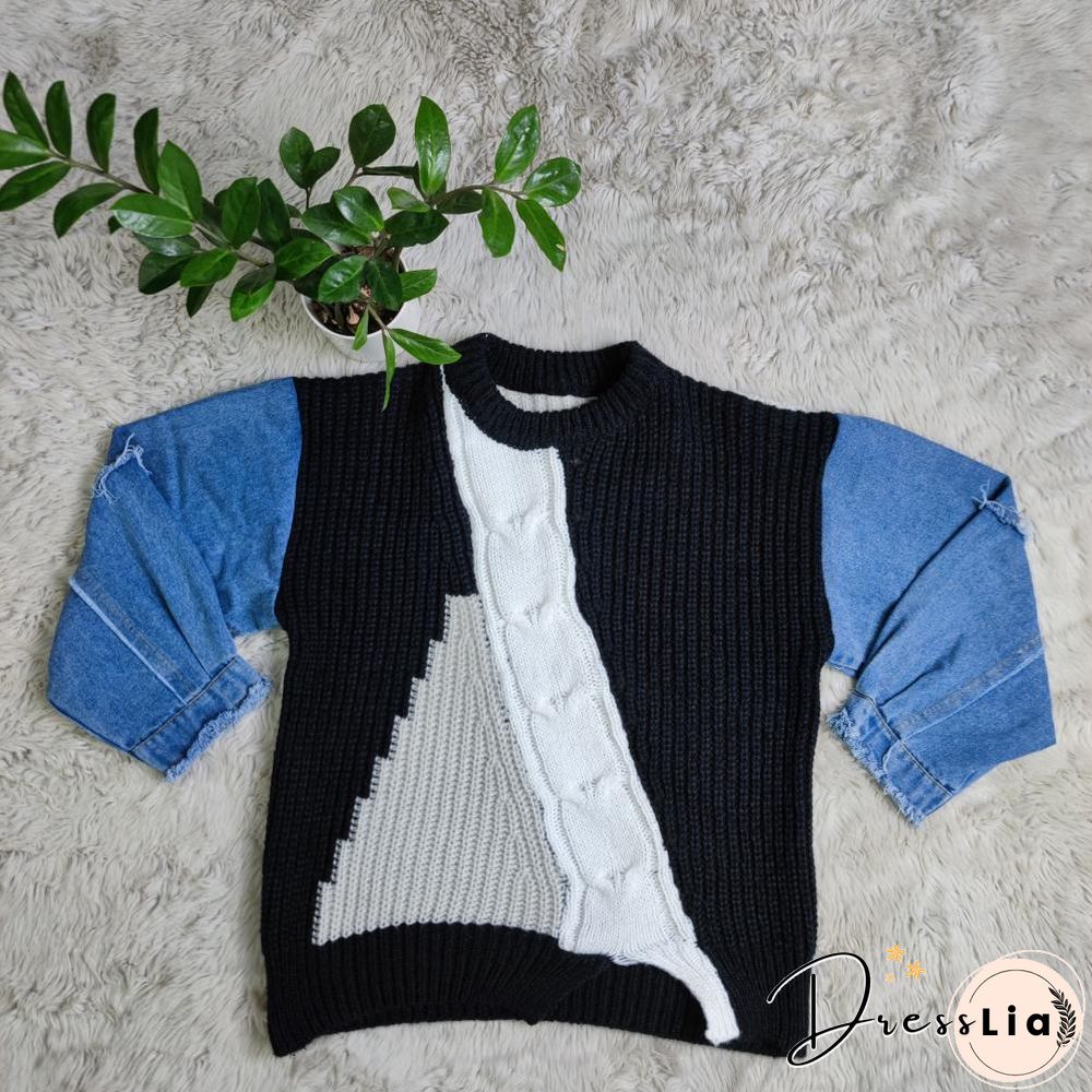 Contrast Color Denim Patchwork Long Sleeve Sweaters