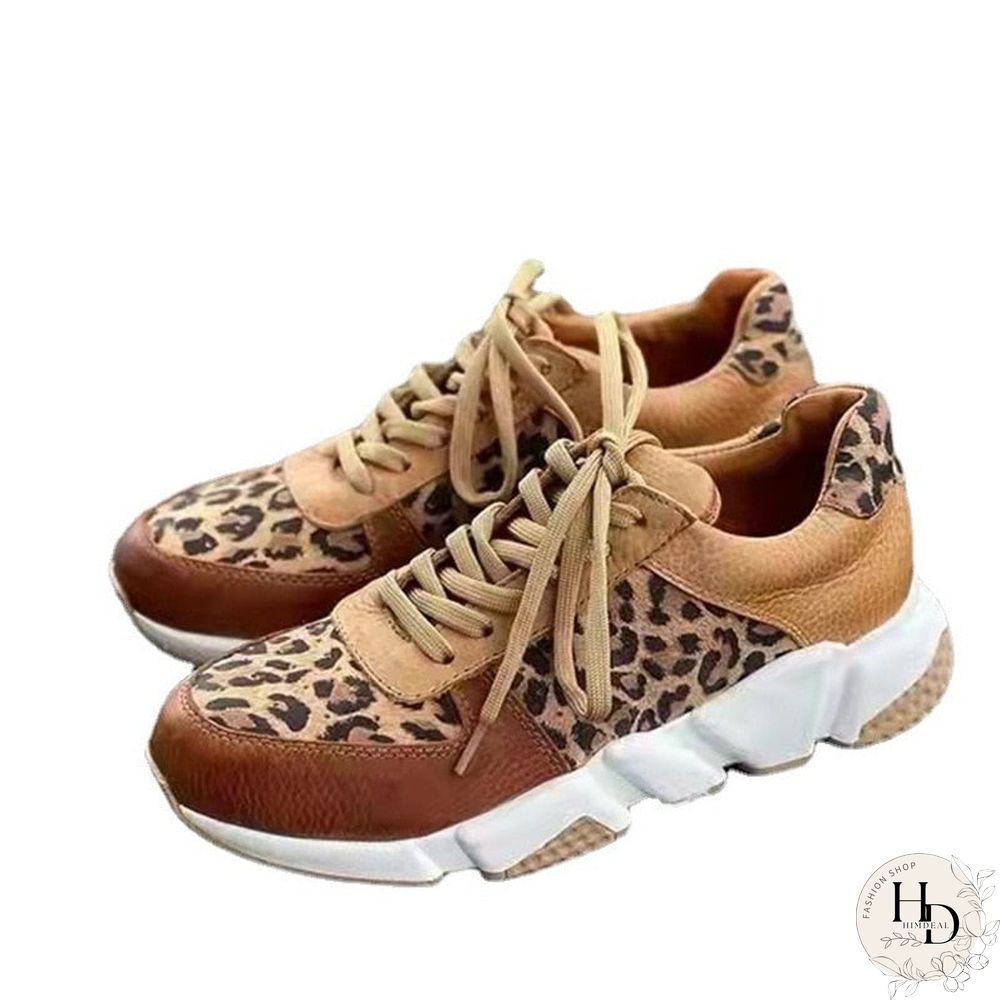 Plus size 36-44 New Thick-soled Round Toe Low-top Leopard Print Women's Singles Cross-large Stitching Lace-up Sneakers