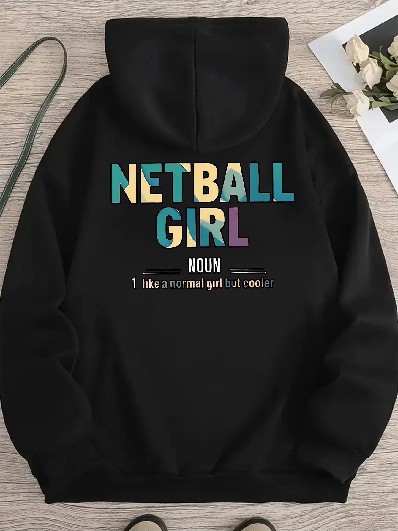1pc Womens Casual Hooded Pullover Netball Noun Graphic Print Sweatshirt Long Sleeve Drop