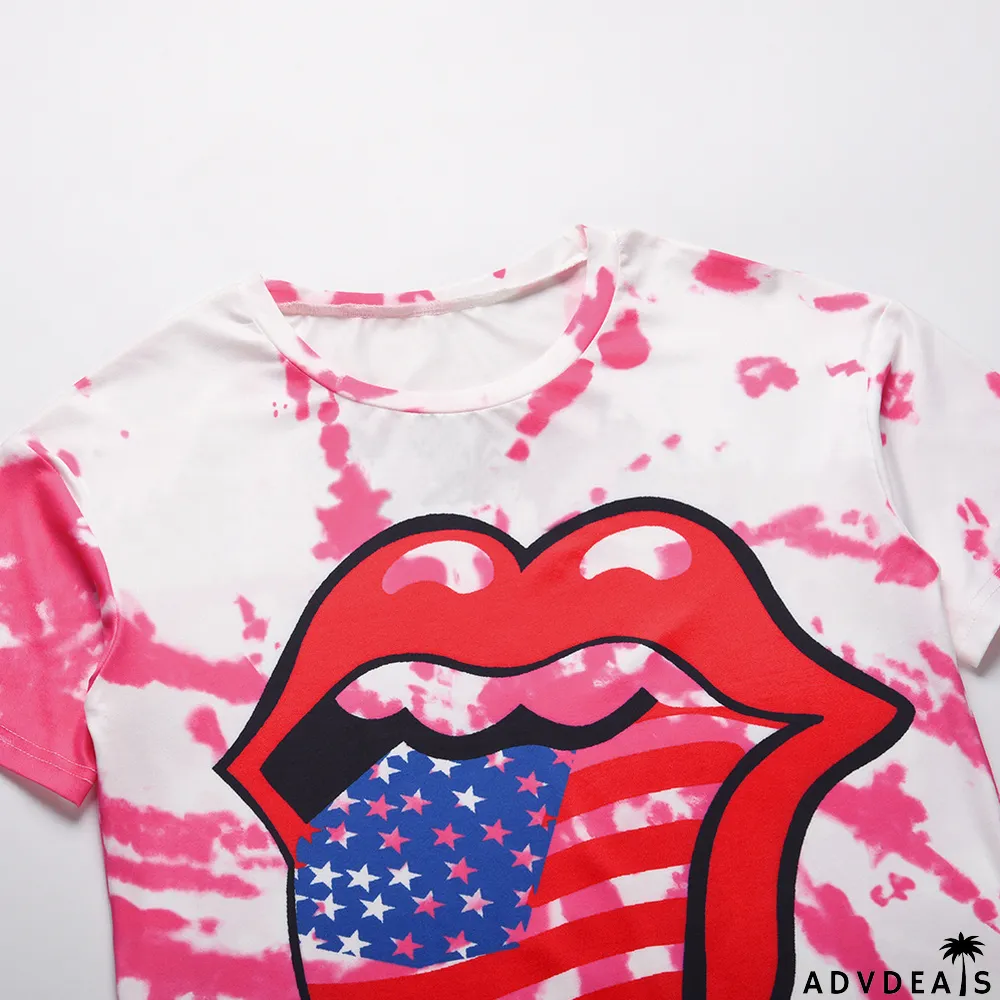 Summer Tie Dye Tongue Print O-Neck Regular Shirt