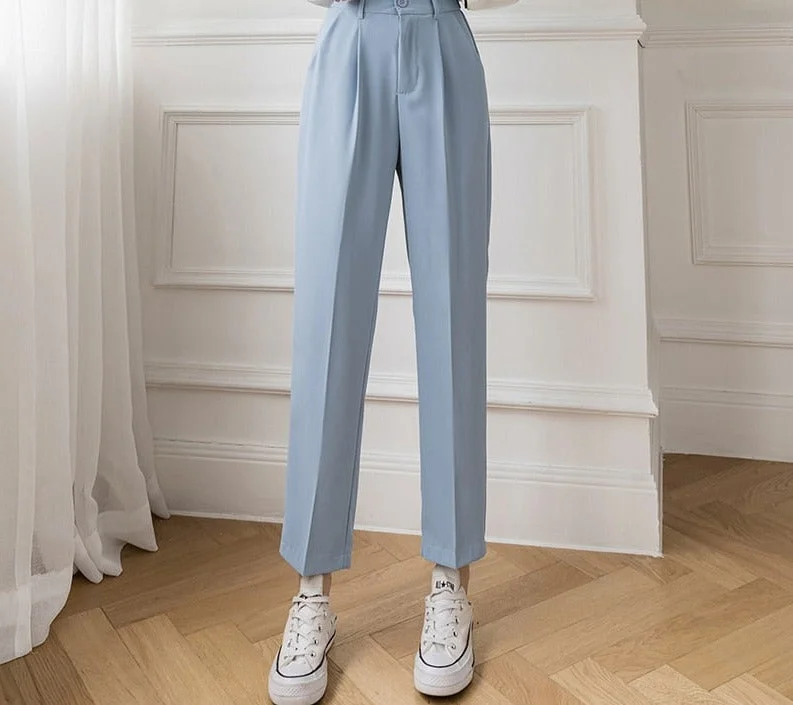 Abebey High Waist Casual Blue Pants Female Pocket Zipper Apricot Suit Pants Women Autumn 2023 Straight Loose White Trousers S-XL