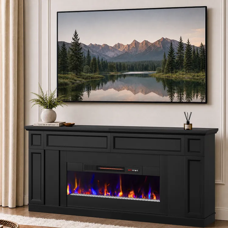 Bestier 70" Fireplace TV Stand with Pop-to-Open Cabinet, Farmhouse Media Entertainment Center for TVs up to 75", Modern TV Console for Living Room, Home Office