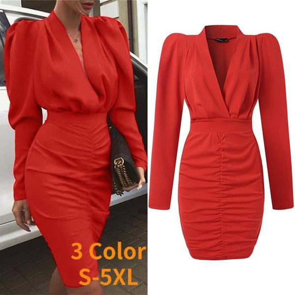 Women Puff Long Sleeve V Neck Midi Dress Spring Autumn Evening Party Badycon Dress Plus Size Vestidos Mujer - Life is Beautiful for You - SheChoic