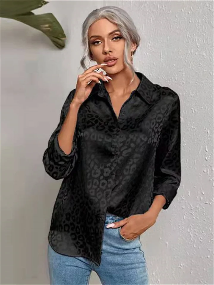Women's Spring and Summer New Collar Splicing Single Row Open Button Leopard Jacquard Shirt Temperament Commuter Long-sleeved Shirt