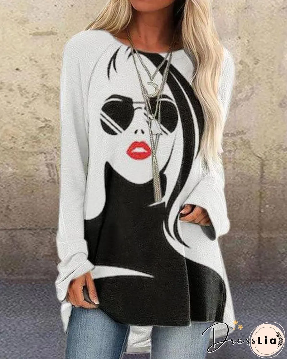 Figure Print Long Sleeve O-neck Casual T-shirt for Women