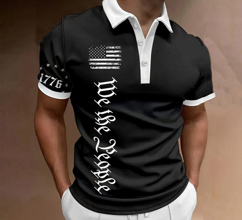 Comstylish Men's We The People American Flag Print Contrast Casual Polo Shirt