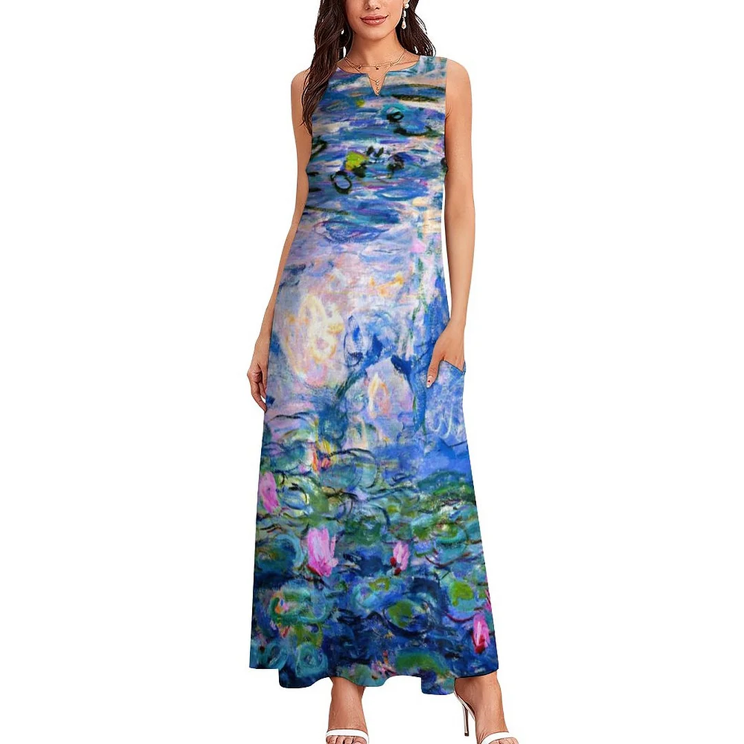 Claude Monets Famous Painting Water Lilies 1919 Sleeveless Summer Tank Dress Women Plus Size Maxi Hawaiian Beach T Shirt Dress