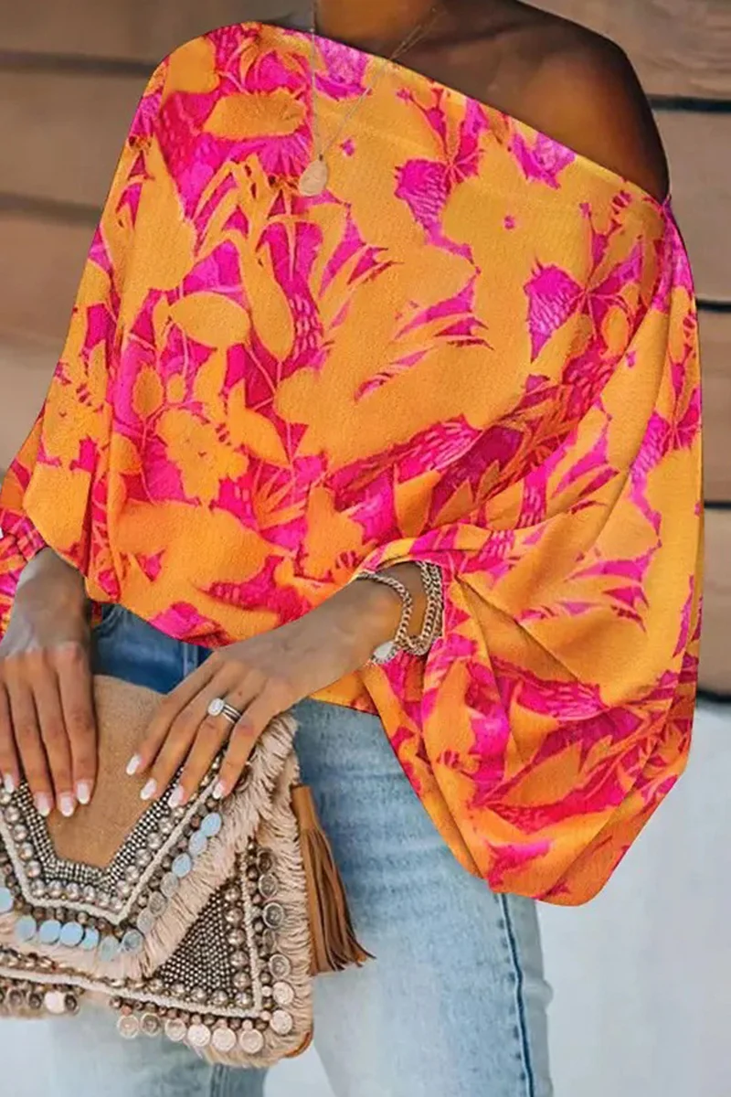 Orange Fashion Casual Print Patchwork Off the Shoulder Tops | EGEMISS