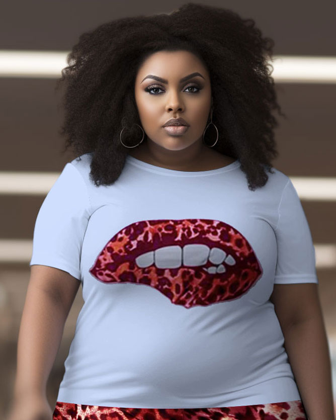 Women's Large Size Retro Sexy Lips Leopard Print Graffiti Short Sleeve Shorts Set