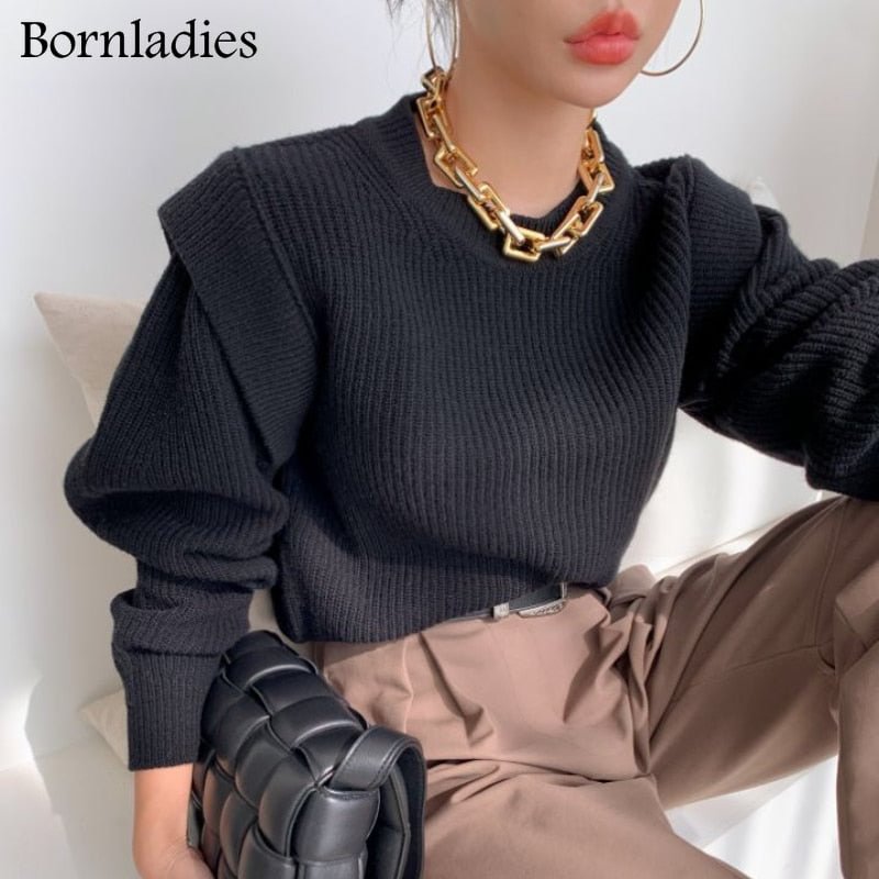 Bornladies 2022 Autumn Winter Loose O Neck Fake Two Piece Pullover Basic Warm Sweater for Women Korean Soft Kniited Sweater Tops
