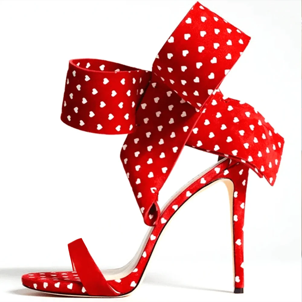 Red Pointed Toe Love Dot Sandals With Ankle Bow Knot Stiletto Heel Sandals Nicepairs