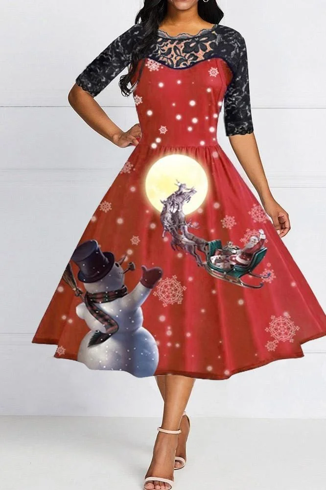 Christmas Lace Half Sleeve Round Neck Dress