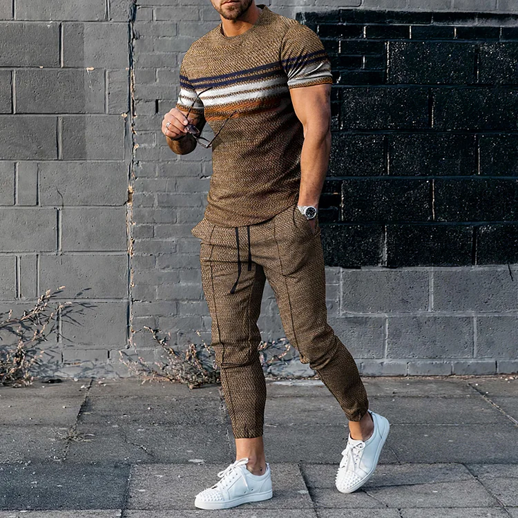 BrosWear Casual Khaki Stripe Contrast Color Short Sleeve T-Shirt And Pants Co-Ord