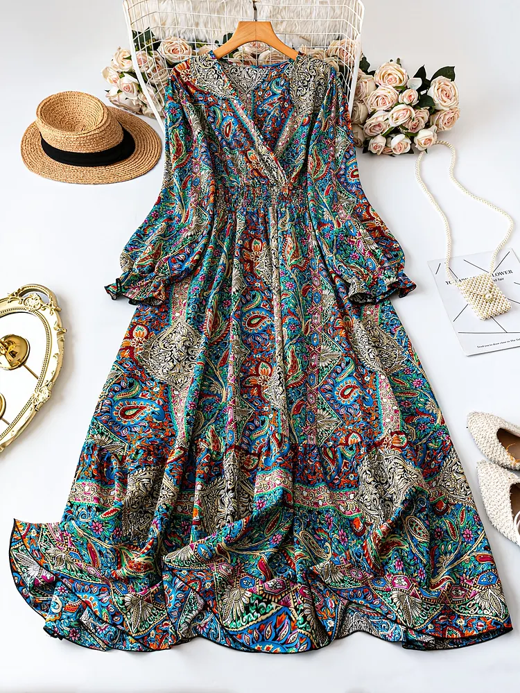 Plus Size Printed Cross-Neck Lantern Sleeve Dress With Elastic Waist elegant womens casual