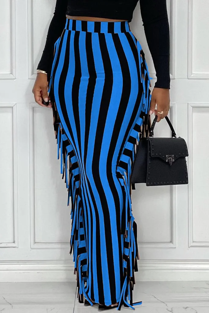 Stripe Print Tassels High Waist Maxi Skirts