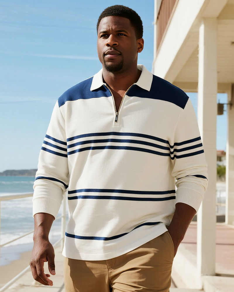 Big & Tall Men's Business Dark Blue Striped Print Long Sleeve Zip Polo Shirt