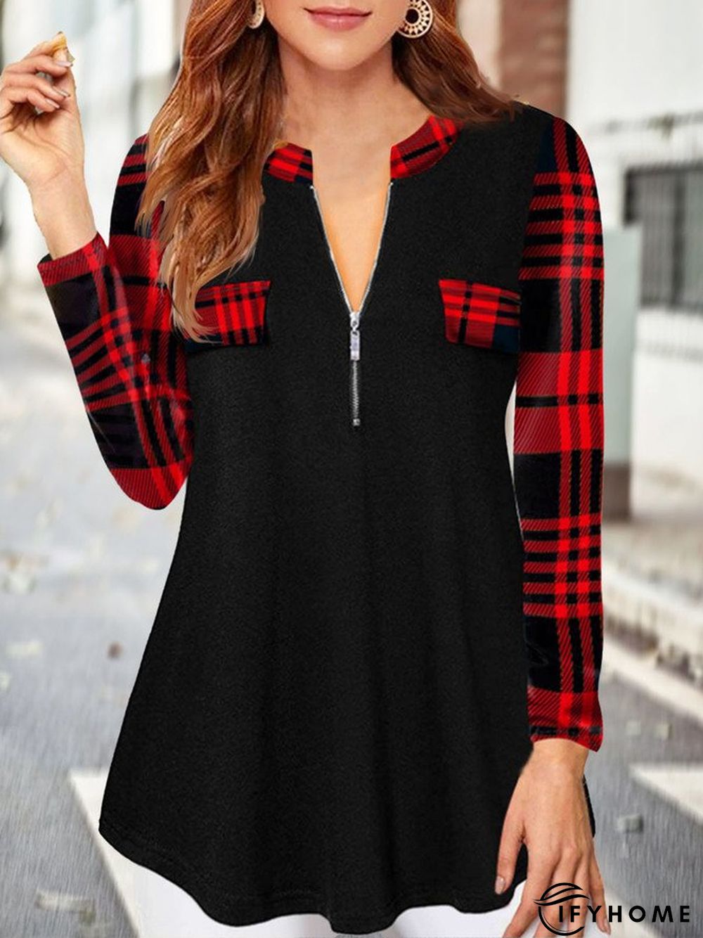 Long Sleeve V-neck Zipper Plain Geometric Plaid Tunics | IFYHOME