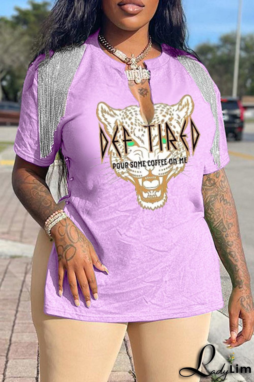 Coffee Fashion Casual Print Tassel Patchwork V Neck T-Shirts