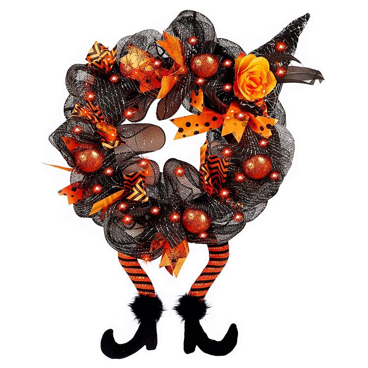 Halloween Decorations Witch Hat and Legs Wreath, Lighted with 30 LED Orange Lights, Front Door Wall Light up Wreath (40% OFF discount)
