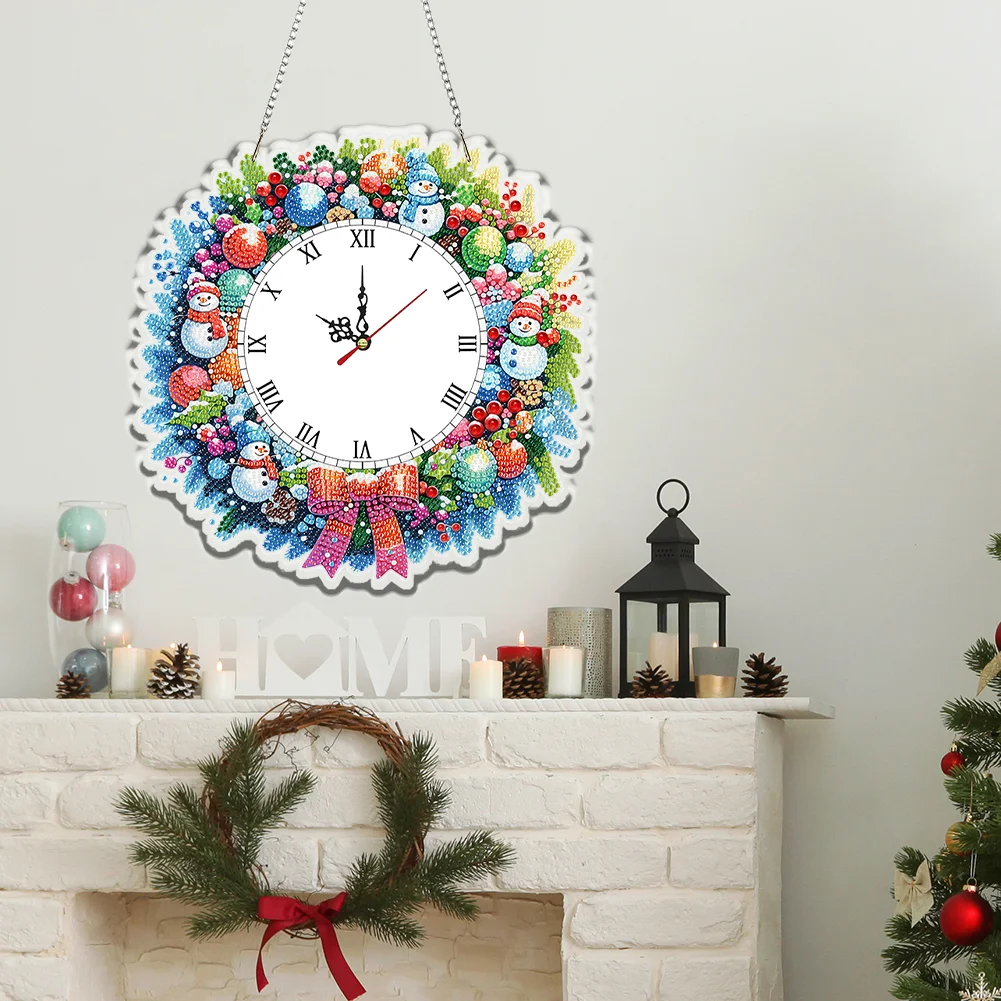 2D Flat DIY Christmas Snowman Acrylic Diamond Painting Clock Pendant Home Decor