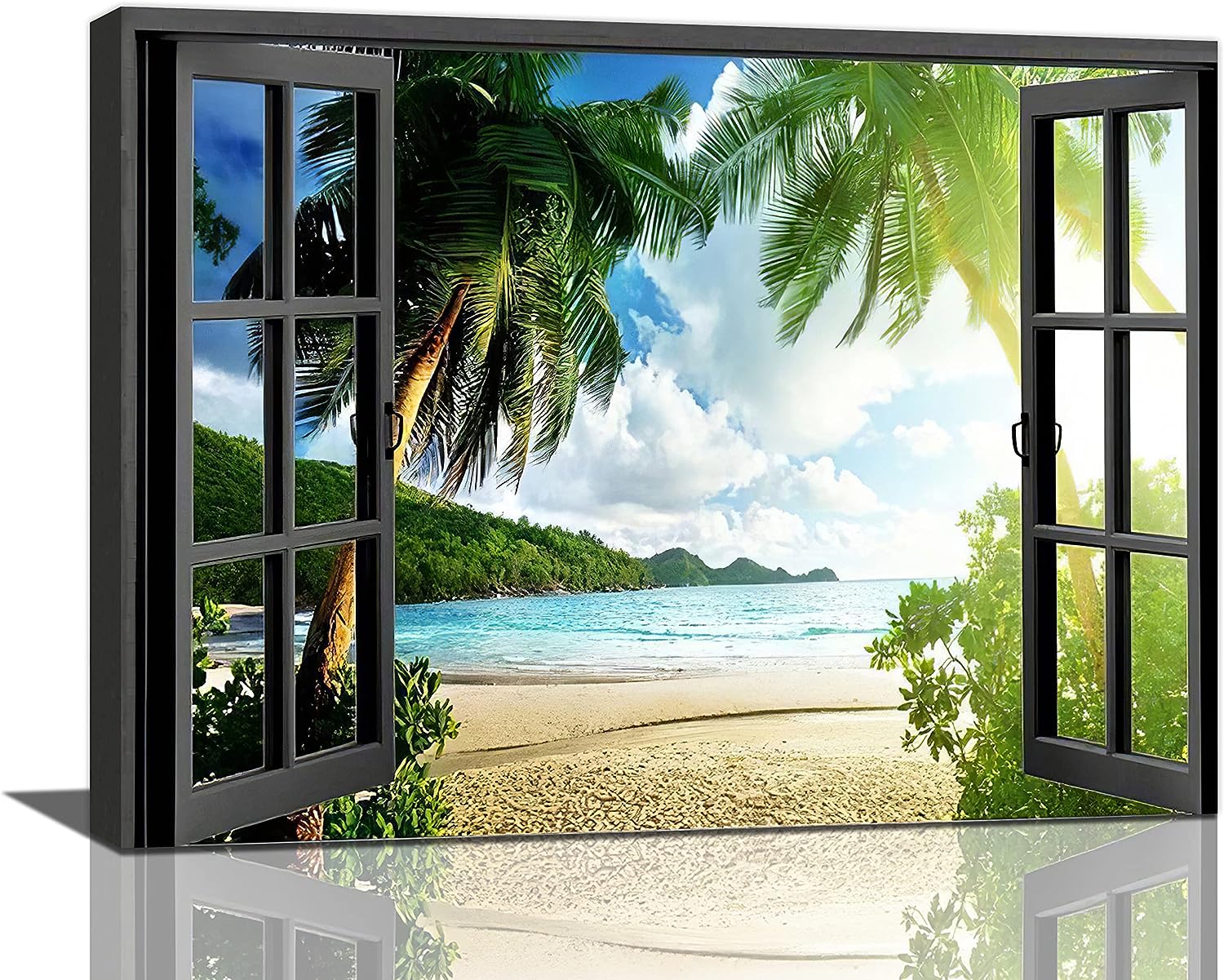 Window Beach Bathroom Wall Art Coastal Palm Tree Pictures Wall Decor Nautical Beach Sence Canvas Painting Print Artwork 3D Window Modern Home Decor Framed for Living room Bedroom Bathroom 12 inch X16 inch  Window Beach2