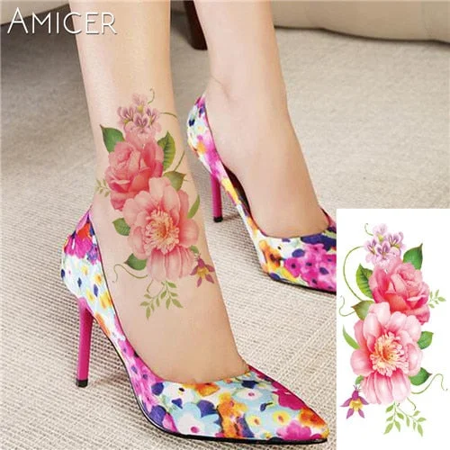 3D Lifelike Cherry Blossoms Rose Big Flowers Tattoo Waterproof Temporary Tattoos Women Flash Tattoo Arm Shoulder Tattoo Stickers