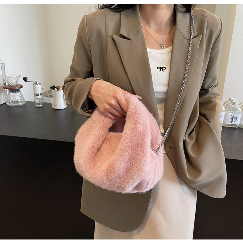 Women’s Medium Plush Solid Color Classic Style Streetwear Plush Round Zipper Crossbody Bag